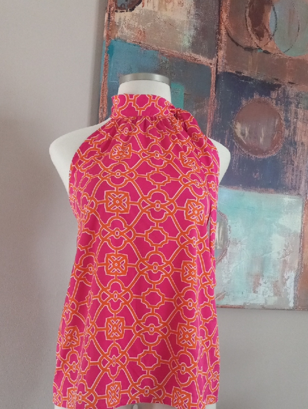 Buckhead Betties Bright Pink & Orange Geometric Halter Top Sz XL Summer Tops